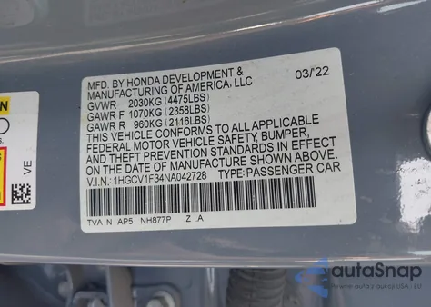 2022 Honda Accord Sport z USA, uszkodzony, nr VIN 1HGCV1F34NA042728